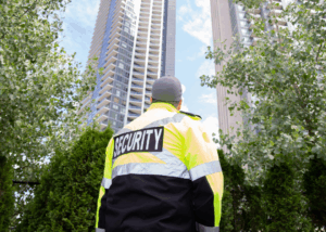 Hunter James Security emblem with American flags and eagle.