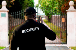 Hunter James Security emblem with American flags and eagle.